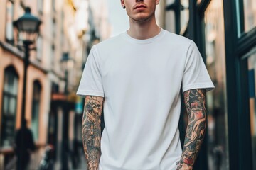 Fototapeta premium Handsome Tattooed Man in White T-Shirt Posing in Urban Street Setting