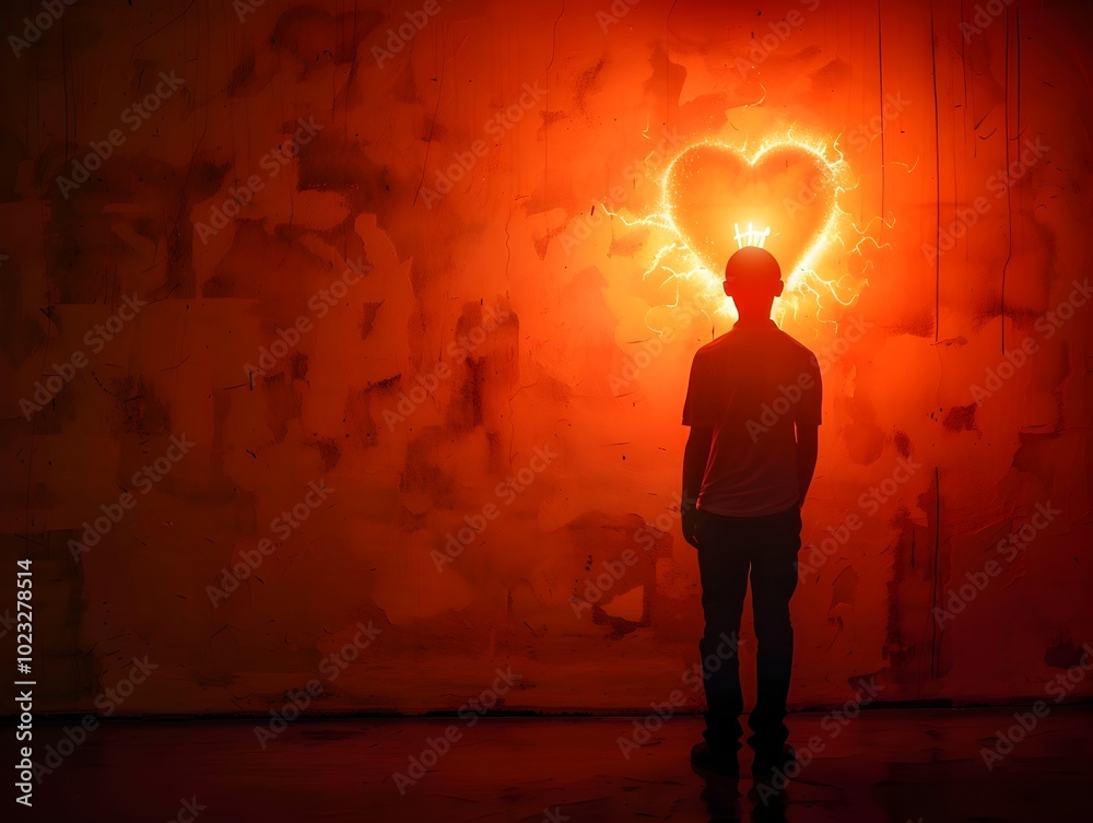 Poster Silhouetted Figure with Glowing Heart Symbolizing Passion and Creativity for Innovative Ideas