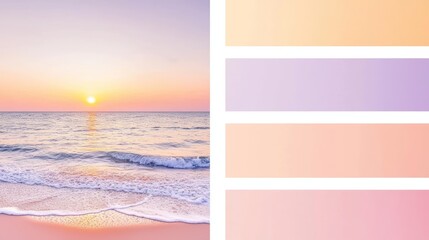 A sunset beach palette with warm coral, pale peach, golden sand, and soft lavender, reflecting the colors of a setting sun over the ocean.