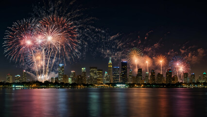 Naklejka premium Fireworks celebrating over Indianapolis skyline reflected in river at night 