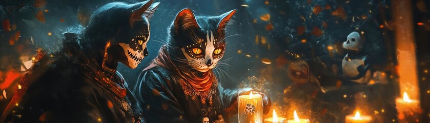 A mystical scene featuring two cats with candles, creating an enchanting atmosphere filled with magic and wonder.