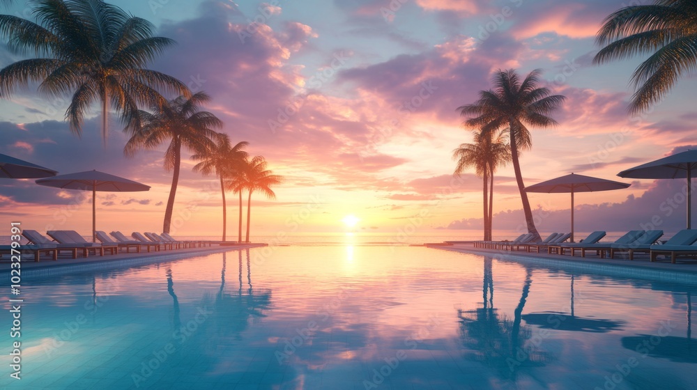 Poster a beautiful sunset over a pool with palm trees in the background