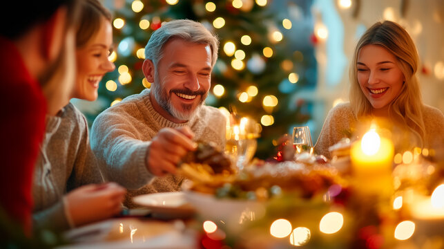 Festive Family Gathering with Holiday Feast A multicultural group of friends and family sits around a beautifully decorated dinner table, sharing a festive meal together. The hoste