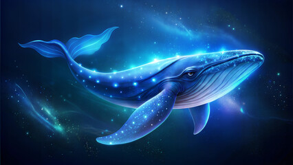 Fototapeta premium Artistic blue whale with starry patterns swimming through vibrant space for fantasy art and illustration 