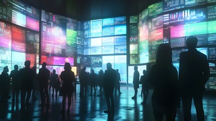 Naklejka premium People gathered in a room filled with bright monitors and stock graphs reflecting market movement