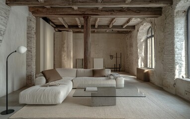 Modern loft interior design showcasing a minimalist living room with a light-colored sofa and a glass coffee table. 