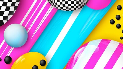 An 80s fashion-inspired background with bold stripes, polka dots, and checkered patterns in vibrant colors like fuchsia, teal, and neon yellow.