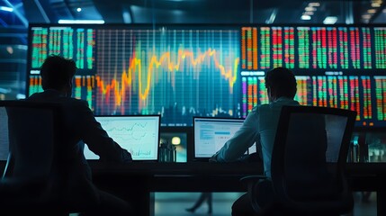 Traders focused on a giant stock chart with fast-moving market data in a well-lit room