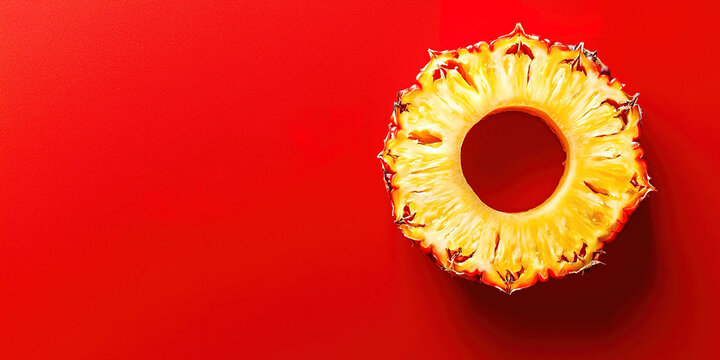 A slice of pineapple is cut in half and placed on a red background