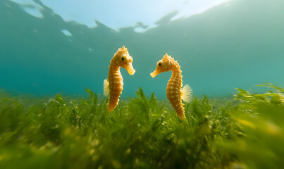Seahorses Among Green Seaweed | Captivating Underwater Scene Showcasing Marine Life