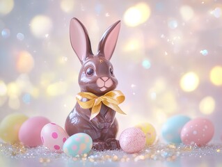 Obraz premium Whimsical Chocolate Bunny Figurine with Golden Ribbon: Perfect Poster for Easter Decor, Featuring Pastel Eggs and Sparkling Bokeh for a Playful Touch in Any Space!