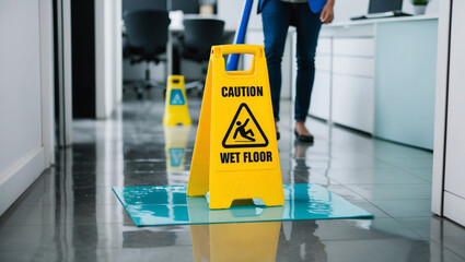 Wet floor with yellow warning signs and businessman in office