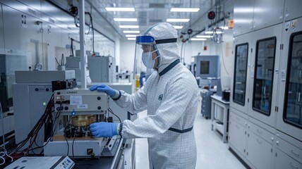 Worker in Specialized Suit Conducts Operations in High-Security Lab