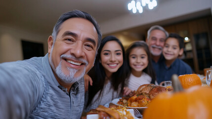 Fototapeta premium Thanksgiving Selfie with a Joyful Family Gathering - A family enjoys their Thanksgiving holiday with big smiles, taking a selfie together at home. The table is set with traditional