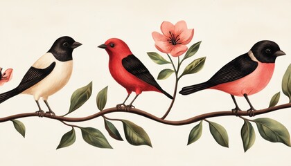 A Victorian-era botanical print featuring exotic birds and plants, with finely detailed linework and soft watercolors, set against an antique paper background.