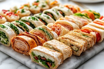 mini sandwiches wraps on a marble platter, perfect for parties or events, snack platter concept banner with a tasty variety