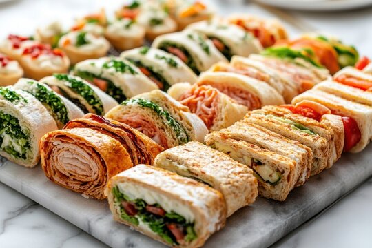mini sandwiches wraps on a marble platter, perfect for parties or events, snack platter concept banner with a tasty variety