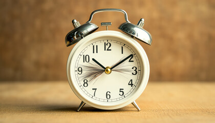 Vintage alarm clock on wooden background, time management concept.