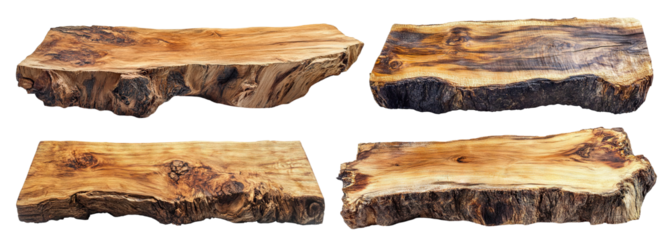 Set of textured slabs of rustic natural wood, cut out