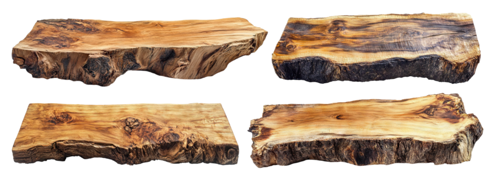 Set of textured slabs of rustic natural wood, cut out