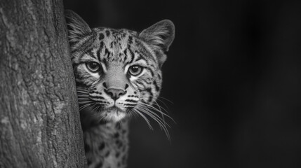 Naklejka premium A leopard looking curiously from behind a tree in a dense forest during twilight hours