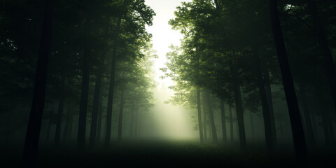 Obraz premium Sunlight filters through a misty forest, creating a serene and ethereal atmosphere in nature