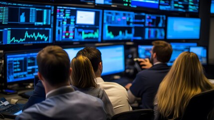 A group of people in a busy trading room watching real-time stock graphs on large screens
