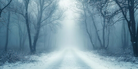 Obraz premium A snowy forest path with trees in the background