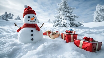 Obraz premium Charming Cartoon Snowman Surrounded by Festive Gifts