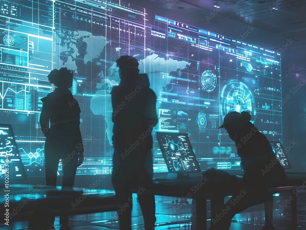 Poster group of futuristic hackers collaborating in high tech bunker with holographic screens and data stre