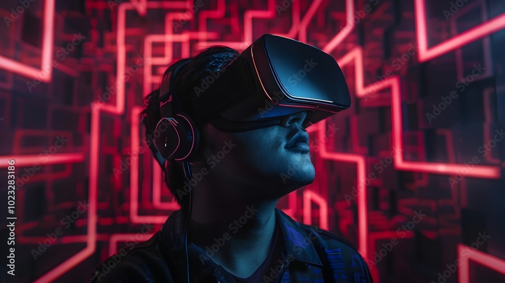 Poster hacker in sleek vr headset navigating virtual maze of firewalls and security systems