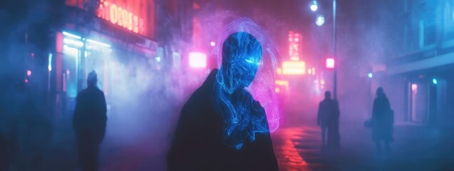 A mysterious figure stands in a neon-lit street, surrounded by fog, evoking a sense of intrigue and futuristic atmosphere.
