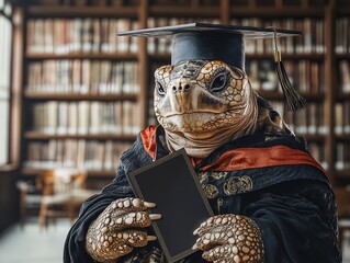Wise Tortoise Graduates: A Serene Library Scene Perfect for Academic or Inspirational Sports Décor Posters