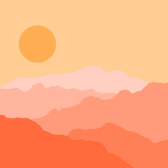 A minimalist depiction of a desert landscape with orange and pink layered mountains under a soft orange sun. The color palette creates a warm and peaceful desert vibe.