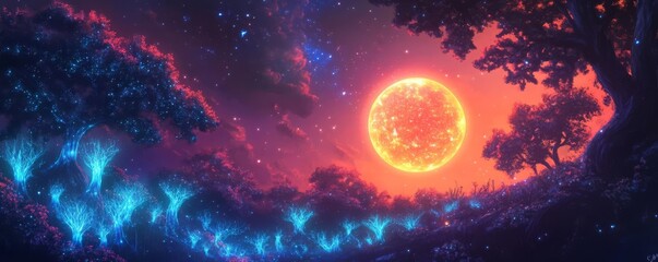Fototapeta premium A planet covered in bioluminescent forests, glowing as it orbits its distant sun, Fantasy, Bright hues, Digital painting