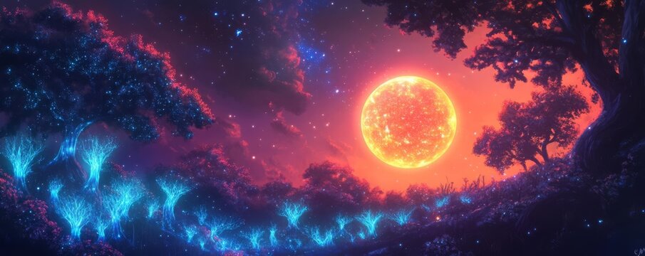 A planet covered in bioluminescent forests, glowing as it orbits its distant sun, Fantasy, Bright hues, Digital painting