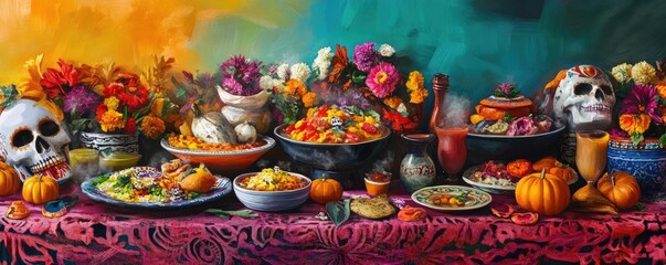 Fototapeta premium A vibrant altar adorned with colorful fruits, flowers, and decorative skulls, celebrating a festive cultural tradition.