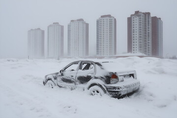 A snowstorm engulfing a city, with buildings barely visible through the thick snowfall, cars buried in snowdrifts