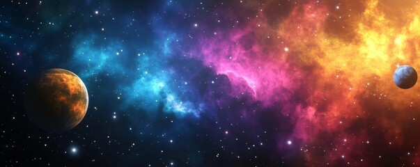 A vibrant nebula stretching across the sky, with planets and their orbits illuminated by cosmic light, Fantasy, Bright colors, 3D render