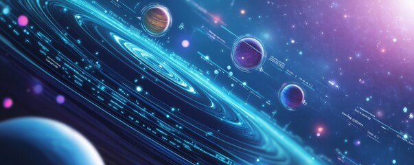 A view of a galactic map showing the orbits of multiple planets, with data points and holographic visuals, Scifi, Soft blues and purples, Digital illustration