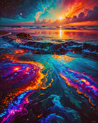 Fototapeta premium A colorful painting of a beach with a sunset in the background