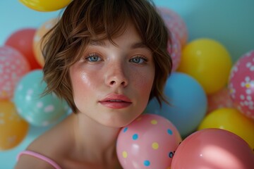 Obraz premium Vibrant Portrait of a Young Woman with Colorful Balloons