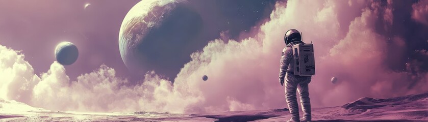 Obraz premium An astronaut standing on a distant planets surface, with other planets visible in the sky above, Scifi, Cool tones, Digital painting