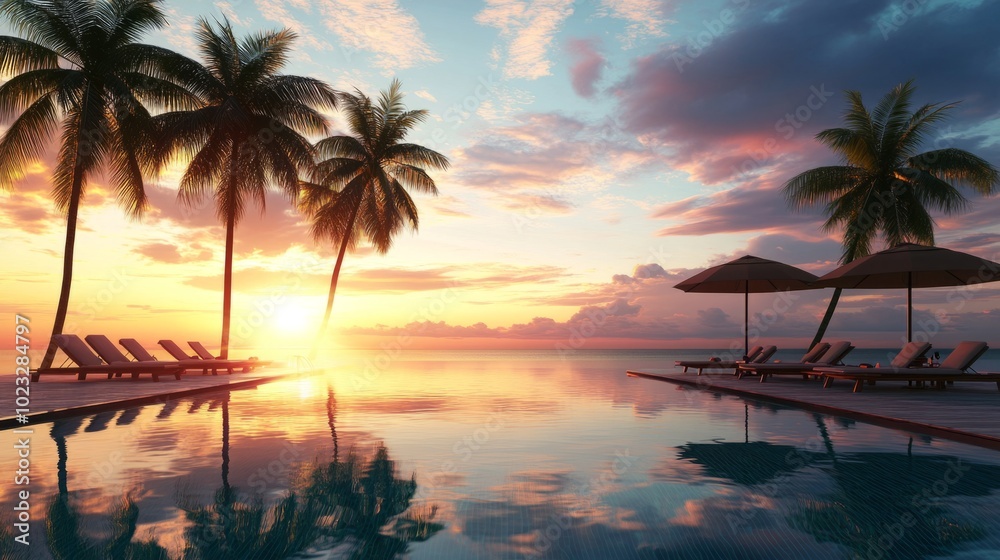 Poster a beautiful beach scene with palm trees and a pool