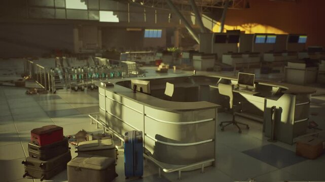 An abandoned airport reveals empty check in counters and scattered luggage, highlighting neglect. Sunlight pours in, casting shadows over the disused terminal space.