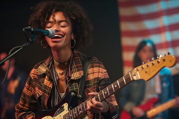 Obraz premium Young Musician Singing and Playing Electric Guitar on Stage in a Live Performance