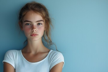 Obraz premium Young Girl with Freckles Against Blue Background in Casual White Top Expressing Confidence and Simplicity
