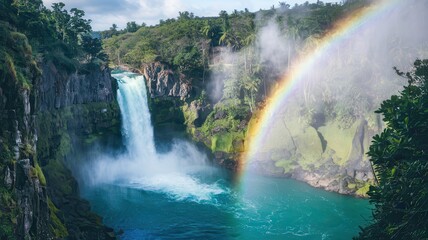 Majestic waterfall with rainbow over turquoise water in lush green environment.