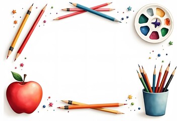 Kids art craft, education, creativity class concept. Horizontal banner or poster with white background, pencils, brushes, paints and place for your text. Template with artist tools. illustration
