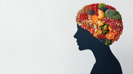 Silhouette profile of a human brain made from an arrangement of vibrant colorful superfoods against a blurred background